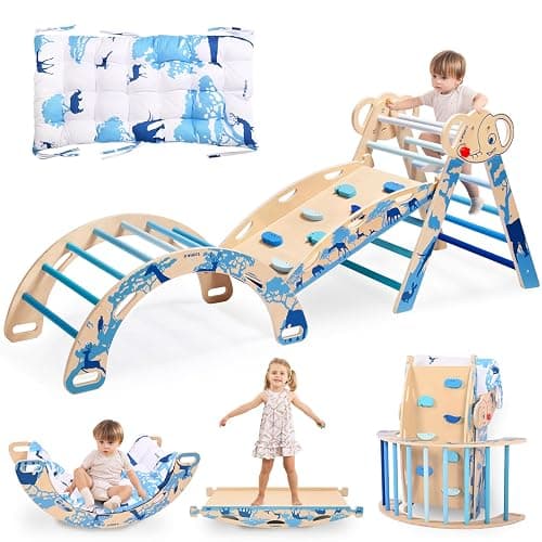 wingyz 8-in-1 Pikler Triangle Set-Foldable Baby Climbing Toys with Cushion,Arch, Ramp & Ladder | Montessori Toddler Climber Indoor Jungle Gym for Kids (Blue) - Image 1