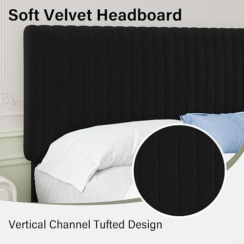 Lullabyre Twin Bed Frame Velvet Upholstered Platform Bed with Adjustable Vertical Channel Tufted Headboard and Footboard, No Box Spring Required, Easy Assembly, Black thumbnail 3
