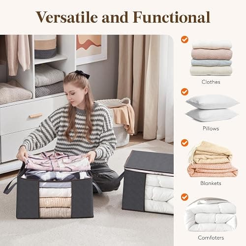Lifewit Clothes Storage Bag, Fabric Closet Organizers, Foldable Moving Bags with Reinforced Handle, Sturdy Zipper, Clear Window, for Clothing, Blankets, Grey, 3 Pack thumbnail 6