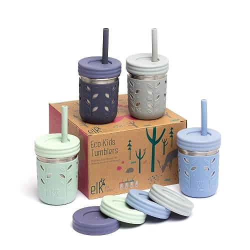 Elk and Friends 10oz Stainless Steel Kids + Toddler Drinking Cups | The Original Mason Jar with Sleeves + Lids | Silicone Straws | Smoothies | Storage Jar | Spill Resistant | Dishwasher Safe | 4 Pack - Image 1