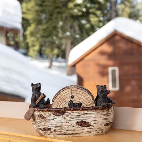 Cabin Obsession Bear Coasters - Set of 6 Full Size Rustic Coasters in Handmade Canoe with Adorable Black Bear Figurines - Log Cabin Decorations, Rustic Lodge Decor for The Home thumbnail 2