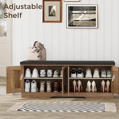 HOMSHO 2-Tier Storage Bench, 47.2" Wide Shoe Bench with Padded Seat Cushion, Entryway Bench with 4 Barn Doors and Adjustable Shelf, Rustic Walnut thumbnail 4