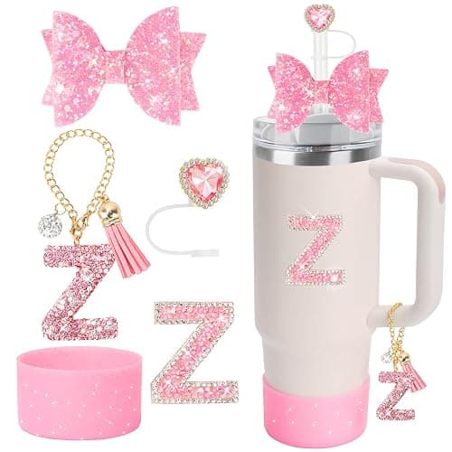 Bling Sparkly Accessories Set For Stanley 30oz 40oz Cup,Including Rhinestone Straw Cover,Rhinestone Letter Sticker,Rhinestone Letter Handle Charm,Sparkly Bow Decorations and Silicone Boot-5pcs - Image 1