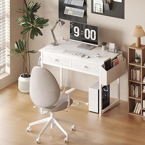 KAI-ROAD White Makeup Vanity Desk No Mirror with Chair, Small Vanity Table Set with Fabric Drawers, Power Outlet & Chair Without Mirror, Modern Make Up Desk for Girls Bedroom thumbnail 4