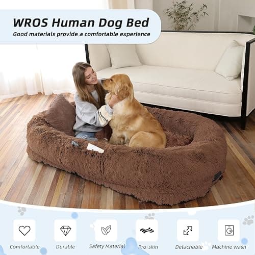 Human Dog Bed, 71''x45''x12'' Size Fits You and Pets, Washable Faux Fur Pet Bed for People Doze Off, Napping Orthopedic Dog Bed, Present Plump Pillow, Blanket, Strap - Coffee thumbnail 2