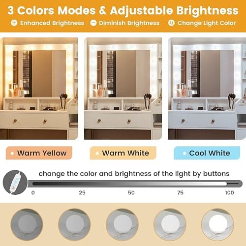 VIAGDO White Vanity Desk with Mirror and Lights, Makeup Vanity with Charging Station & 3 Storage Compartments, Makeup Desk with Drawers and Open Storage Shelves, Bedroom Dressing Table thumbnail 7