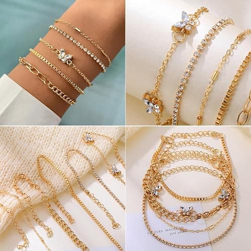 IFNODO 28pcs Gold Chain Bracelets Set for Women 14K Gold Plated Multiple Layered Bangle Adjustable Link Bracelet Anklet Fashion Accessories Jewelry Gift thumbnail 5