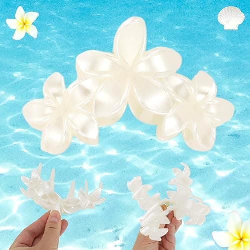 2 Pcs Pearl White Plumeria Claw Clips - Pretty Hawaiian Flower Hair Clips Cute Floral Hair Accessories for Wedding Tropical Beach Vacation Luau Parties thumbnail 3