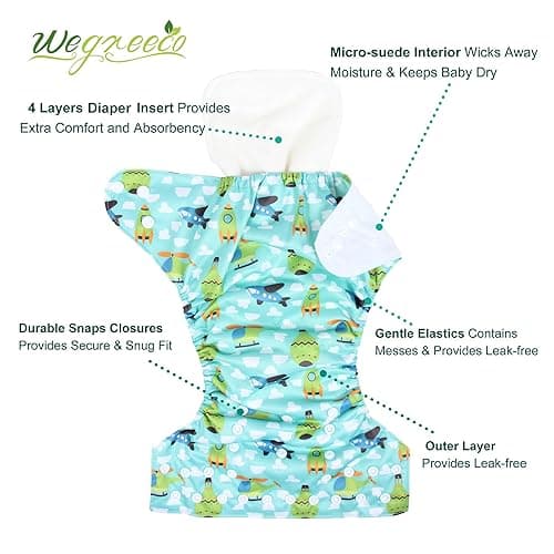 wegreeco Cloth Diapers 6 Pack with 6 Inserts & 1 Wet Bag, Washable Cloth Diapers for Babies, One Size Adjustable Reusable (Car, Airplane) thumbnail 3
