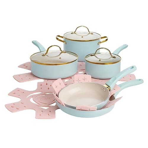 Paris Hilton Epic Nonstick Pots and Pans Set, Multi-layer Nonstick Coating, Tempered Glass Lids, Soft Touch, Stay Cool Handles, Made without PFOA, Dishwasher Safe Cookware Set, 12-Piece, Aqua thumbnail 2