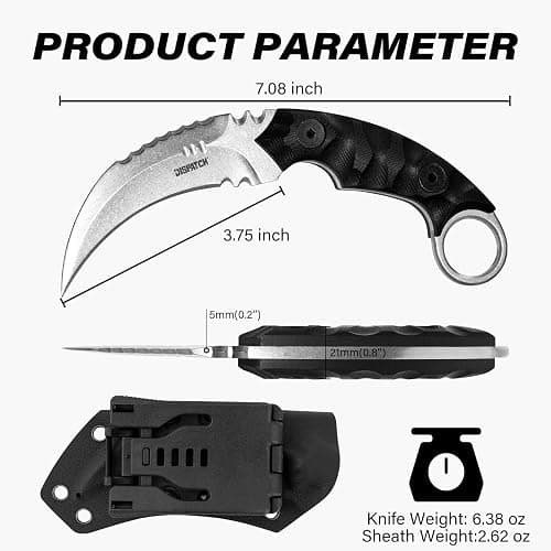 Dispatch Tactical Fixed Blade Knife, 5cr15mov Steel Blade G10 Handle, Full Tang Double Edged Sharp Claw Knife, EDC Utility Knives for Outdoor Survival Hiking Camping with Kydex Sheath thumbnail 3