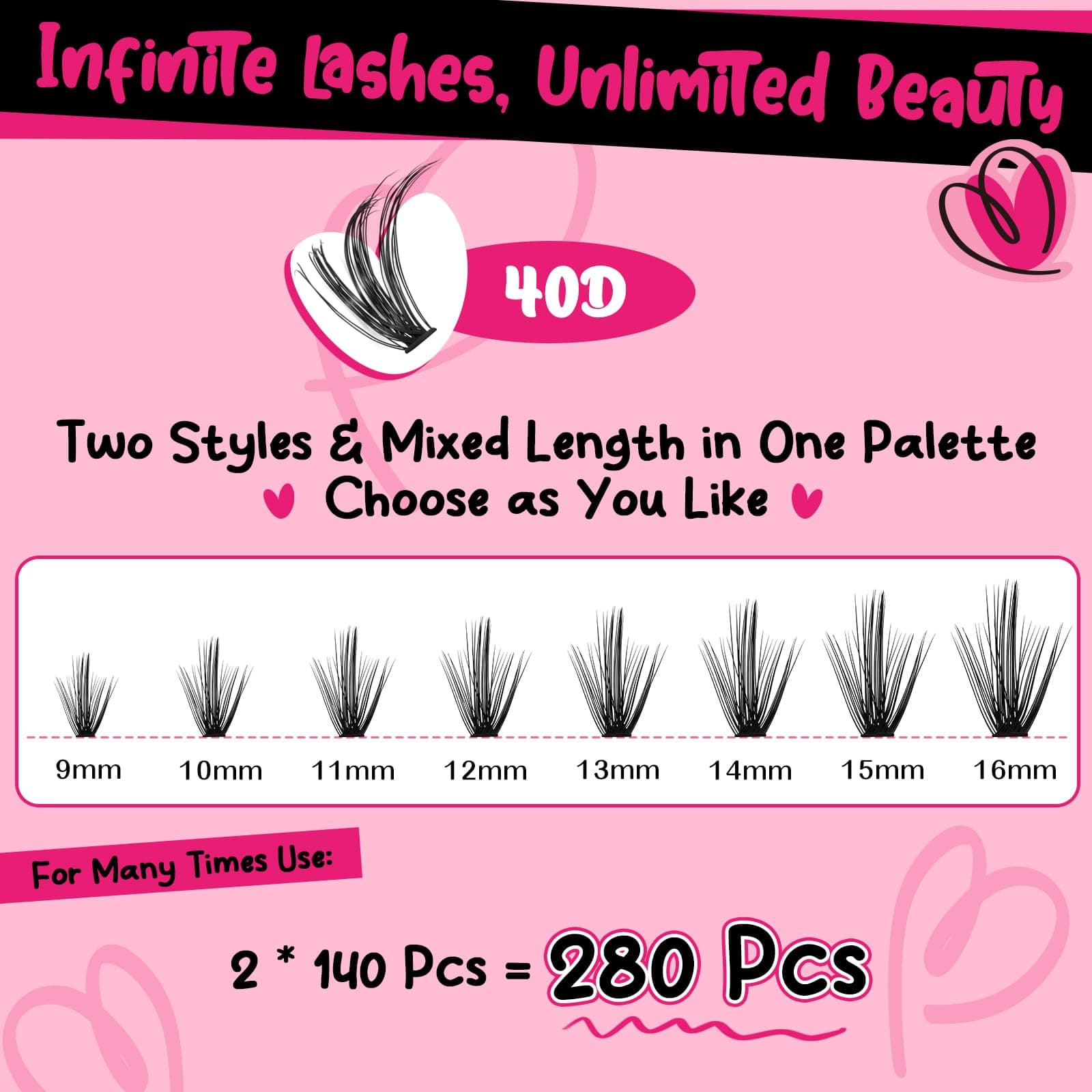 Lash Extension Kit Lash Clusters Eyelash Extension Kit 280Pcs with Lash Applicator Lash Bond and Seal Eyelash Brush Individual Lashes Kit DIY Various Styles Easy to Apply at Home (40D-9-16mix Kit) thumbnail 3