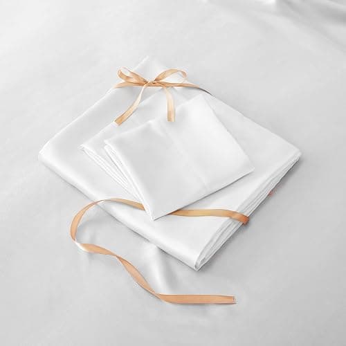 BEDELITE Satin Fitted Sheet and Pillowcases Set, Luxury Soft Similar to Silk Bottom Bed Sheet with Elastic Corner Straps, Deep Pocket up to 15 Inch, 1 Fitted Sheet and 2 Pillowcases(Queen,White) thumbnail 6