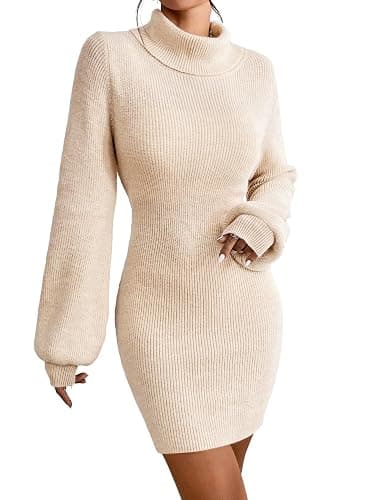 Turtleneck Sweater Dress for Women Lantern Sleeve Bodycon Pullover Mini Sweater Dress Stretchable Elasticity Slim - Image 1