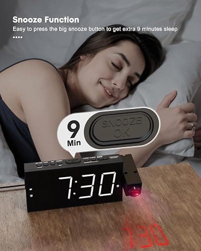 Projection Alarm Clock on Ceiling,Digital Clock for Bedroom with Battery Backup,7”Large Display,USB Charger,Dimmer,180° Rotatable Projector,12/24H,Snooze,DST,Loud Alarm Clock for Kids,Adults,Elders thumbnail 6