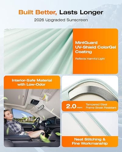 Windshield Sun Shade for Car, Cooling Car Windshield Shade, 99% UV Protection & Heat Insulation, Green & Beige Sunshade with Storage Bag, V-Cut Mirror Opening for Cars SUVs Trucks Vans,Medium 64"*32" thumbnail 6