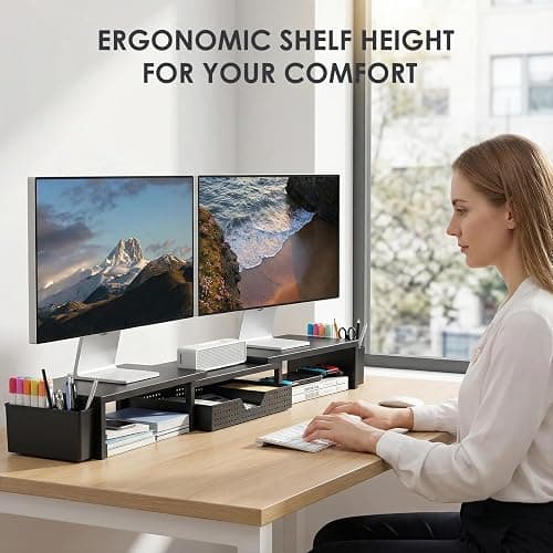 OPNICE Desk Organizers and Accessories, Dual Monitor Stand Riser with Drawer and 2 Pen Holders, Desk Shelf Metal Computer Racks for Office Workspace Organizers, Desktop Organization (Black) thumbnail 4