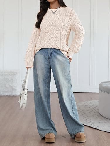 Trendy Queen Women's Oversized Cable Knit Crewneck Sweaters Cozy Winter Clothes thumbnail 3