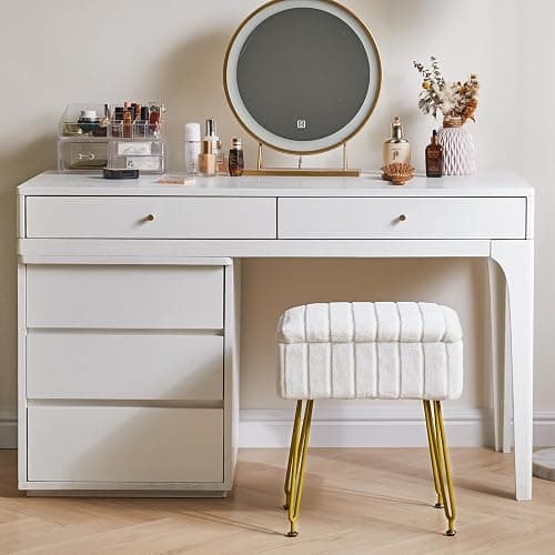 IBUYKE Stool Chair with Storage Space, Footrest Footstool Ottoman, Small Side Table, with 4 Metal Legs, with Anti-Slip Feet, for Makeup Room, Bedroom, Faux Fur, White L/G-50W thumbnail 9