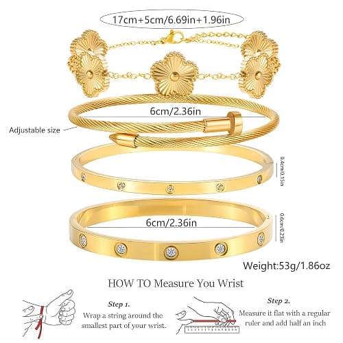 ISELBDR 18K Gold Bracelets for Women - Stackable Clover & Nail Love Bangle Set - Non-Tarnish Stainless Steel Jewelry Gift for Valentine's, Mother's Day & Christmas thumbnail 5