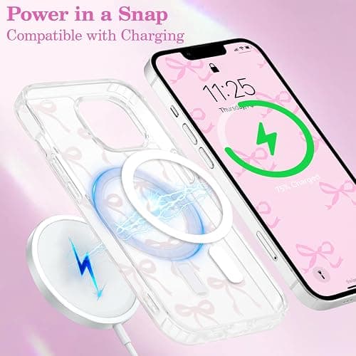 UEEBAI Magnetic for iPhone 15 Case, Bow Case Compatible with MagSafe, Wireless Slim Clear Ribbon Aesthetic Phone Cover Anti-Yellowing Shockproof Protective Cover for Women Girl - Pink - Pink - iPhone 15 thumbnail 5