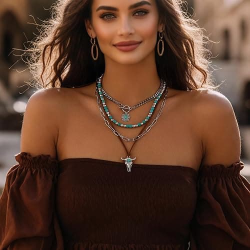 Hclian Western Necklaces Boho Layered Charm Necklace for Women Turquoise Beaded Choker Ox-head Pendant Necklace Western Jewelry for Women Cowgirl Accessories thumbnail 2
