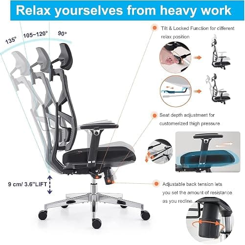 HOLLUDLE Silla de Oficina Ergonómica con Respaldo Adaptativo, Silla de Escritorio de Alto Respaldo con Reposabrazos 4D, Profundidad de Asiento Ajustable, Soporte Lumbar y Reposacabezas 2D, Negro thumbnail 6