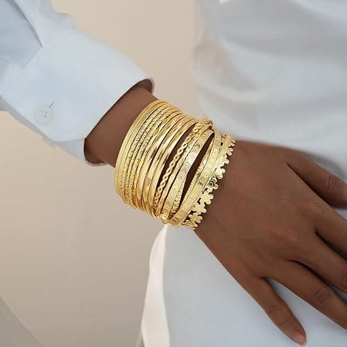 FAXHION Gold Bangle Bracelets for Women, 14 Pcs Multi Layer Stackable Bangle Set, 14K Gold Plated Textured Chunky Bracelets Boho Jewelrys Set thumbnail 4
