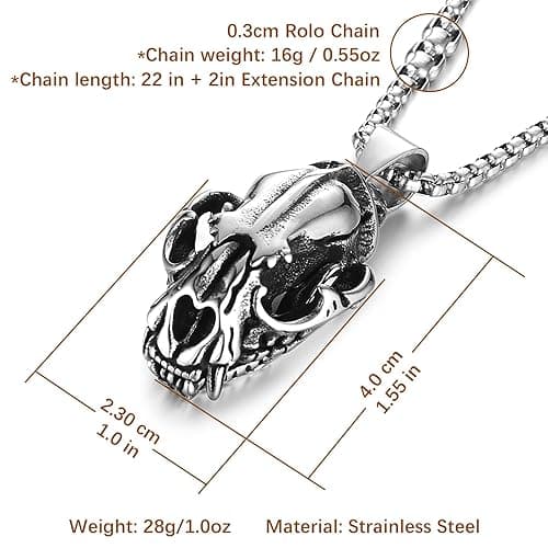 HZMAN Men's Punk Pendant Necklace, Gothic Stainless Steel Openable Sabertooth Tiger Skull Jewelry thumbnail 3