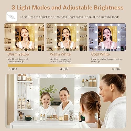 FIONESO Vanity Desk with Mirror and Lights, Makeup Vanity with Power Outlet and 4 Drawers & 6 Shelves & 5 Hooks, 3 Color Modes & Adjustable Brightness, White Vanity for Bedroom thumbnail 5