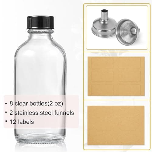 AOZITA 8 Pack, 2 oz Small Clear Glass Bottles w/Lid & 2 Funnels - 60ml Boston Shot Bottles for Health, Immunity, Potion, Wellness, Sample, Ginger, Juice - Mini Personal Care & Beauty Travel Bottle thumbnail 4