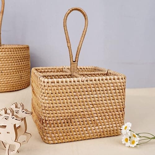 Natural Wicker Utensil Caddy with Built-in Handles，Wicker Silverware Caddy with 4 Compartments，Spoon Cutlery Holder Utensils Organizer，Condiment Organizer Silverware Holder(7.09 * 5.12 inch) thumbnail 5