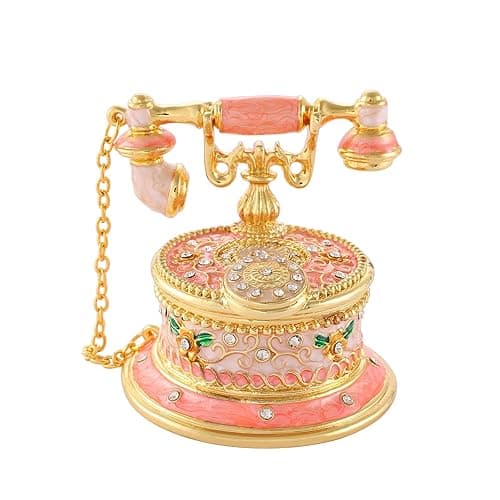 QIFU Hand Painted Pink Telephone Style Enameled Jewelry Trinket Box with Hinged Unique Gift for Home Decor - T2 Pink