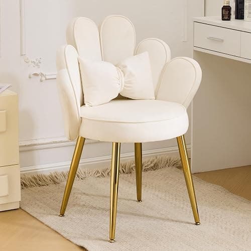 VINGLI Petal Makeup Vanity Chair with Back,Flower Cute Girls Desk Chair Comfy No Wheels,Modern Dining Chair,Small Accent Chair with Adustable Gold Legs&Bow Pillow for Home Office,Bedroom,Velvet,White - Image 1