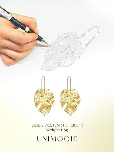 Unimooie 18k Gold Plated Vibe Monstera Leaf Earrings for Women Gold Lightweight Boho Leaves Hook Drop Dangle Party Gift thumbnail 6