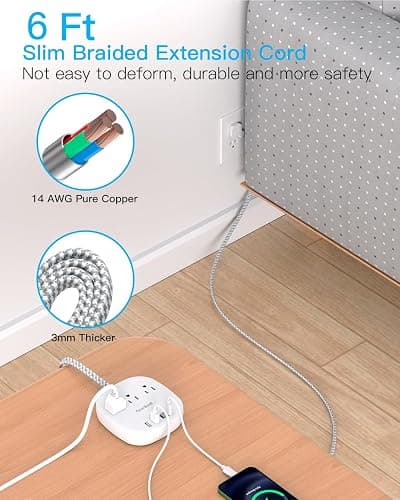 One Beat Flat Plug Power Bar with USB C, 6FT Ultra-Thin Extension Cord, 3 Outlet with 4 USB Ports (2 USB C) Desktop Charging Station, No Surge Protection for Cruise Ship, Travel Essentials, Dorm Room thumbnail 5