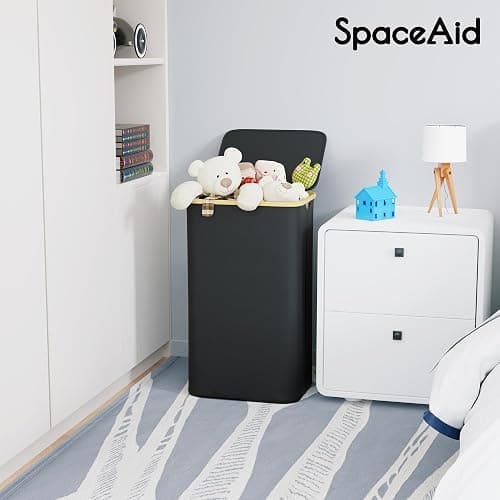 SpaceAid Laundry Hamper with Lid, 110L Large Tall Clothes Basket Bin with Bamboo Handles, Collapsible Laundry Hamper for Bedroom, Bathroom, Dorm, Laundry Room - Black thumbnail 2