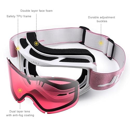 Juli Ski Goggles,Snow Snowboard Goggles Men Women Snowmobile Skiing Skating - White Frame Vermillion Red(vlt 38%) Lens Pink Strap thumbnail 3