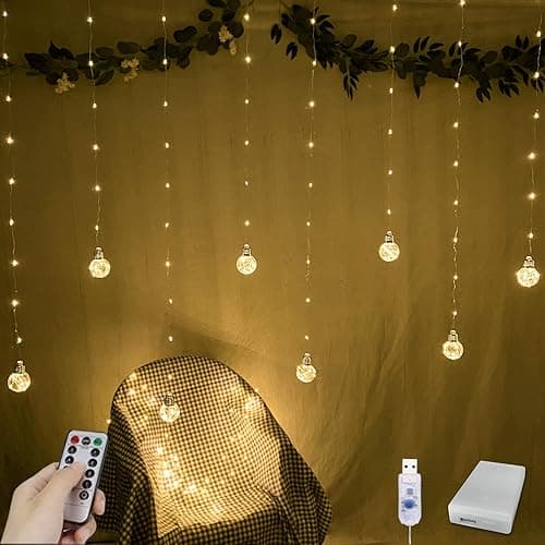 YOLIGHT Wishing Ball Curtain Lights 200 LED Window Curtain String Lights with Remote, USB Battery Powered Twinkle Globe Fairy Lights for Wedding Party Bedroom Christmas Decoration (Warm White) - Warm White