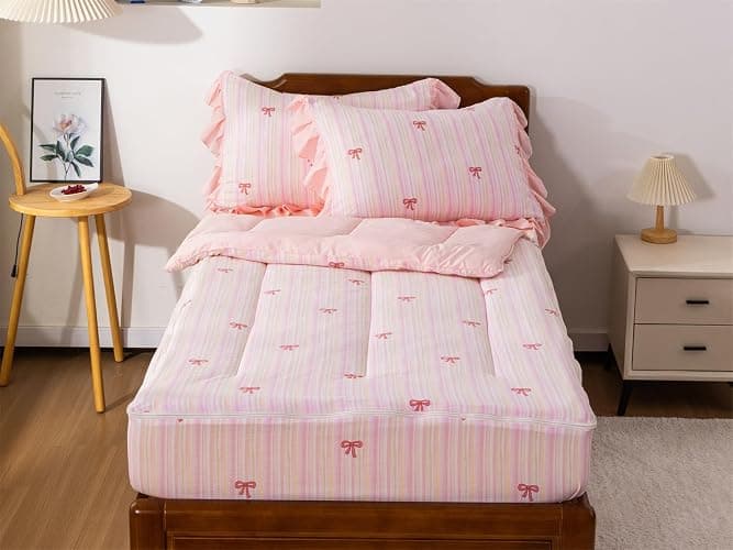 Aimuan Zipper Bedding Pink Bow Printed on Rainbow Comforter Set Set Bowknot Twin Princess Kids Zippered Bedding Set Ultra Soft (Pink-Colorful, Twin) thumbnail 4