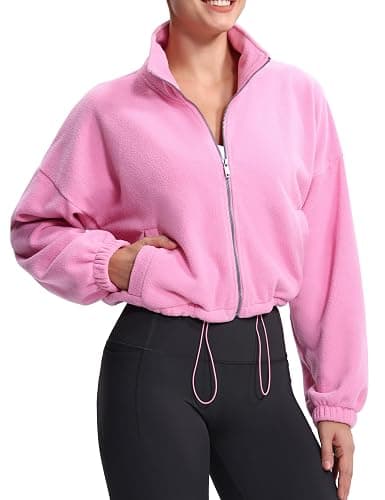 THE GYM PEOPLE Women's Fleece Cropped Jacket Full Zip Stand Collar Workout Short Sherpa Coats with Pockets Drawstring Hem - Image 1