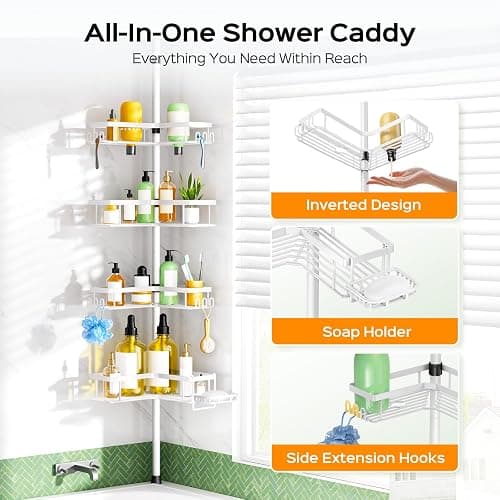 HAMITOR 4-Tier Bathtub Shower Caddy, Tension Pole Corner Shelves, White | Rustproof L-Shaped Adjustable Organizer, No-Drill Bathroom Accessories with Hooks, Space-Saving For Apartment, Renters thumbnail 6