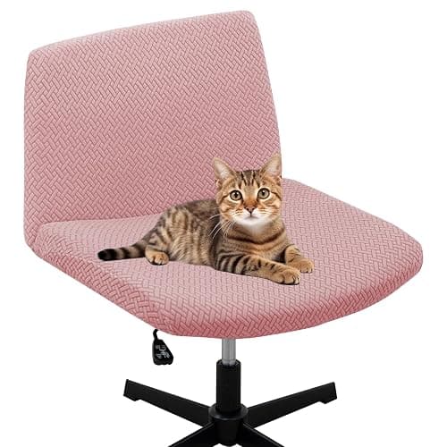 FUANGUI Criss Cross Chair Cover, Stretch Mid Back Wide Armless Accent Chair Slipcover, Exquisite Vanity Chair Cover for Dorm Home Desk Office Chair - Knitted Pink - Image 1