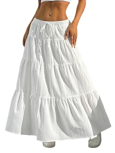 QJQ Women's Summer Boho Flowy Flared Ruffle Maxi Skirt 2025 Tiered A Line Elastic High Waisted Long Skirts - Image 1