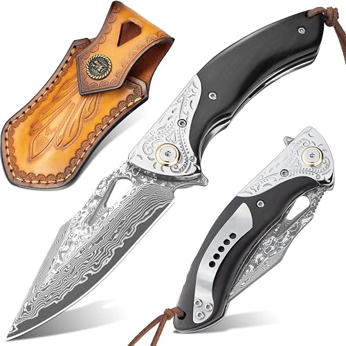 NedFoss GRIFFIN Damascus Pocket Knife for Men, 3.5" Handmade Forged VG10 Damascus Steel Blade Folding Knife with Retro Leather Sheath, Sandalwood Handle, Pocket Clip, Excellent Gifts for Men - Image 1