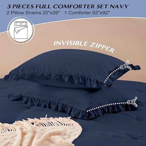 HARBOREST Full Comforter - Navy Ruffle Comforter for Full Size Bed, Fluffy Comforter Set for All Seasons, 3 Pieces Shabby Chic Bedding Set(1 Comforter & 2 Pillow Shams) thumbnail 6