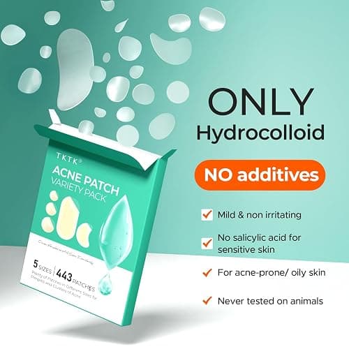 TKTK 443 Count Pimple Patches for Face, Hydrocolloid Acne Patch Bulk, Acne Stickers for Covering Cheeks, Forehead, Chin Blemishes Zit Breakouts for All Skin Types (Dots, Strip, Contoured 5 Sizes) thumbnail 5