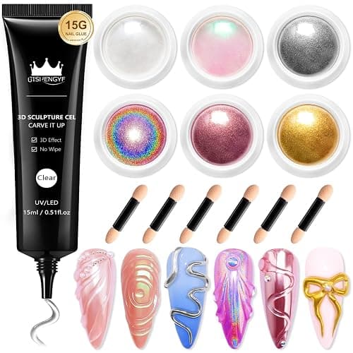 BISHENGYF Multifunctional 3d Nail Gel:Iridescent Metallic Effect Green Laser Nail Chrome Powders And 15g Rhinestone No Wipe 3d Gel,6pcs Pink Chrome Nail Powder For Nail Decoration Manicure (Silver) - Image 1