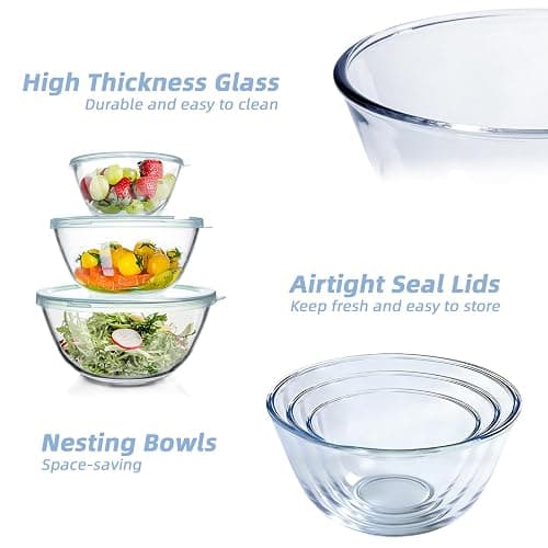 WhiteRhino Glass Mixing Bowls Glass Bowls with Lids Set(4.5QT,2.7QT, 1.1QT),Large Salad Bowls,glass mixing bowl Space-Saving Nesting Storage bowls for Cooking,Baking,Prepping,Dishwasher Safe thumbnail 4