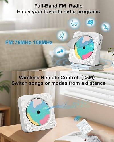 CD Player Portable with Bluetooth Desktop CD Players for Home with HiFi Sound Speakers,Mini Cute CD Player for Kids,Remote Control,Dust Cover,LED Display,Boombox FM Radio (White) thumbnail 6